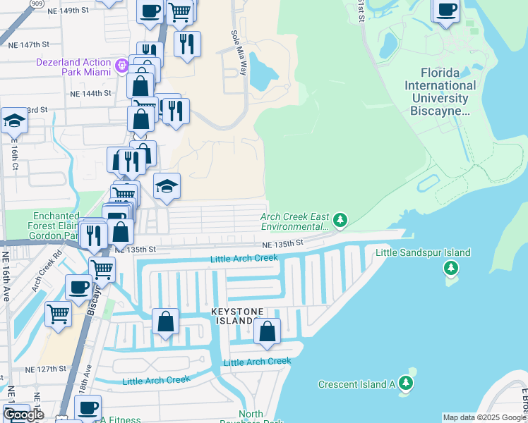 map of restaurants, bars, coffee shops, grocery stores, and more near 2499 Northeast 136th Terrace in North Miami Beach