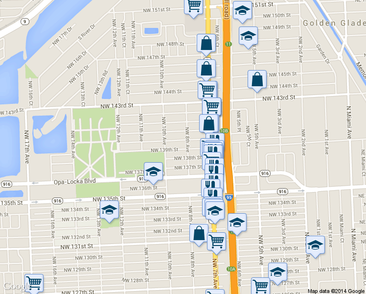 map of restaurants, bars, coffee shops, grocery stores, and more near 811 Northwest 139th Street in Miami