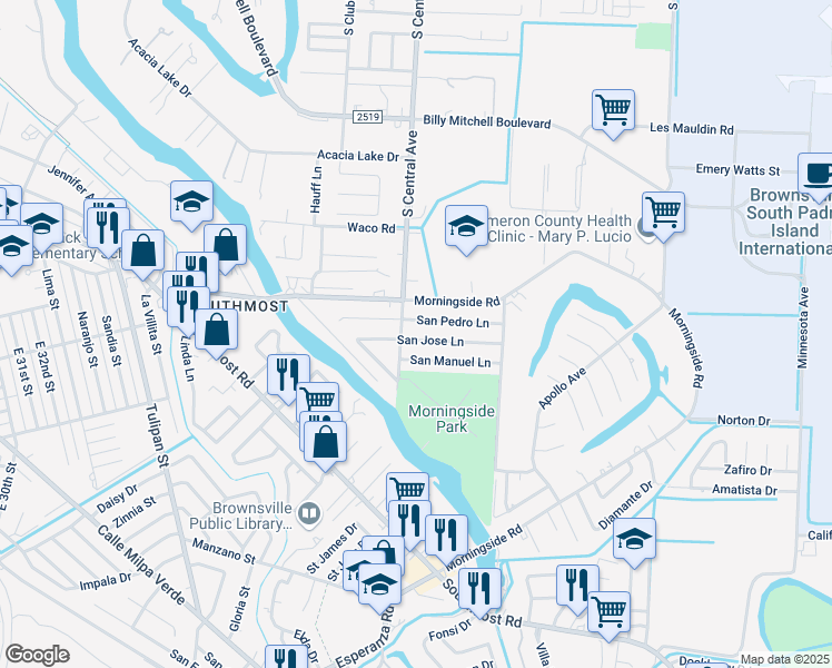map of restaurants, bars, coffee shops, grocery stores, and more near 725 San Jose Lane in Brownsville