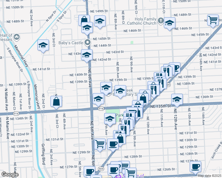 map of restaurants, bars, coffee shops, grocery stores, and more near 730 Northeast 138th Street in North Miami