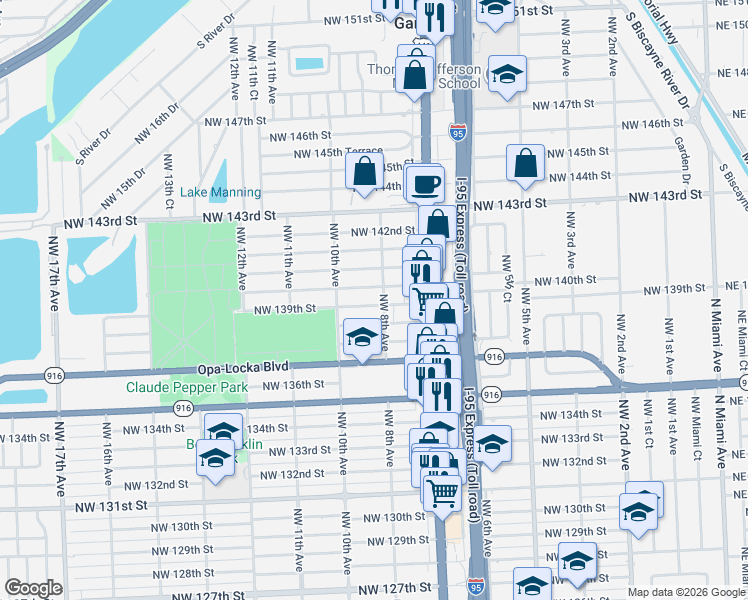 map of restaurants, bars, coffee shops, grocery stores, and more near 811 Northwest 139th Street in Miami