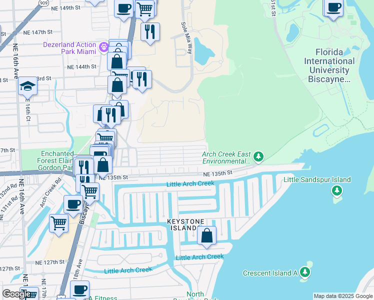 map of restaurants, bars, coffee shops, grocery stores, and more near 2414 Northeast 136th Lane in North Miami Beach
