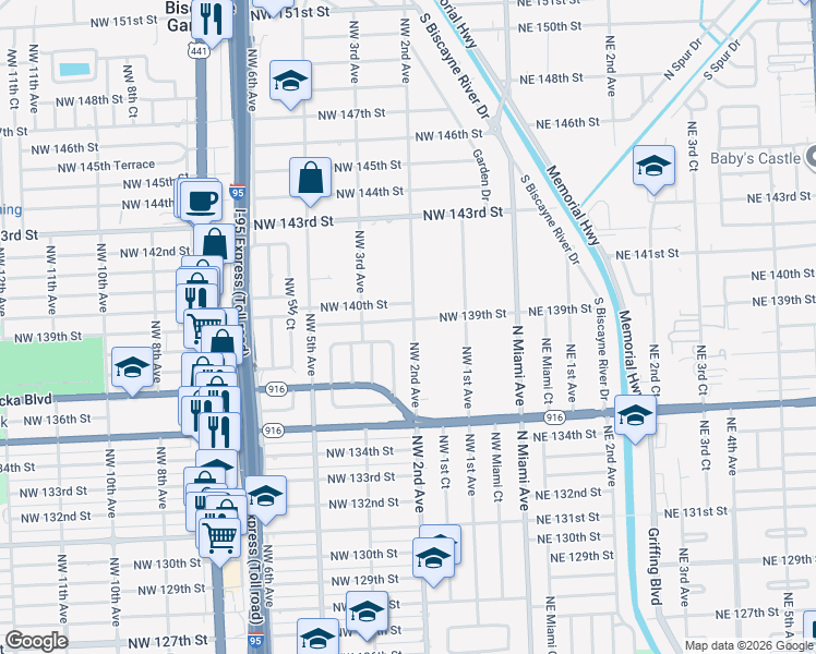 map of restaurants, bars, coffee shops, grocery stores, and more near 13880 Northwest 2nd Avenue in North Miami