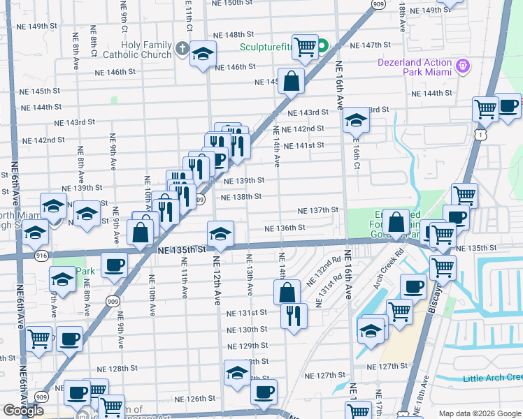 map of restaurants, bars, coffee shops, grocery stores, and more near 1335 Northeast 137th Street in North Miami