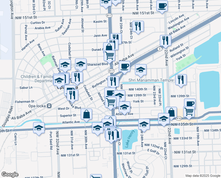 map of restaurants, bars, coffee shops, grocery stores, and more near 14060 Northwest 27th Avenue in Opa-locka