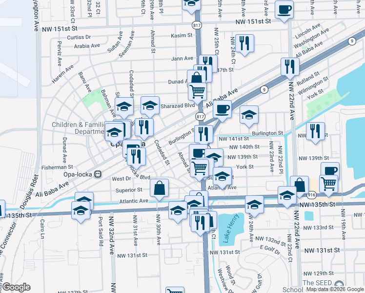 map of restaurants, bars, coffee shops, grocery stores, and more near 1211 Rutland Street in Opa-locka