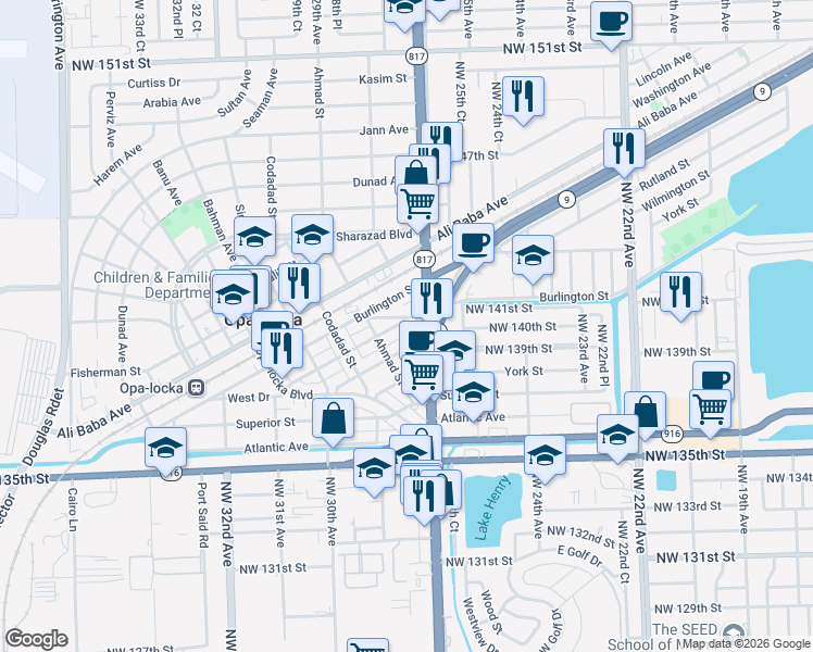 map of restaurants, bars, coffee shops, grocery stores, and more near 14060 Northwest 27th Avenue in Opa-locka