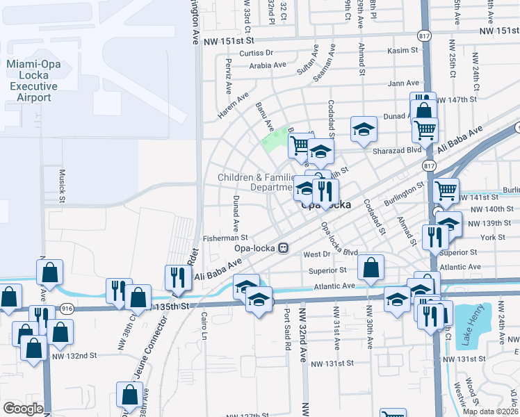 map of restaurants, bars, coffee shops, grocery stores, and more near 4 Sabur Lane in Opa-locka