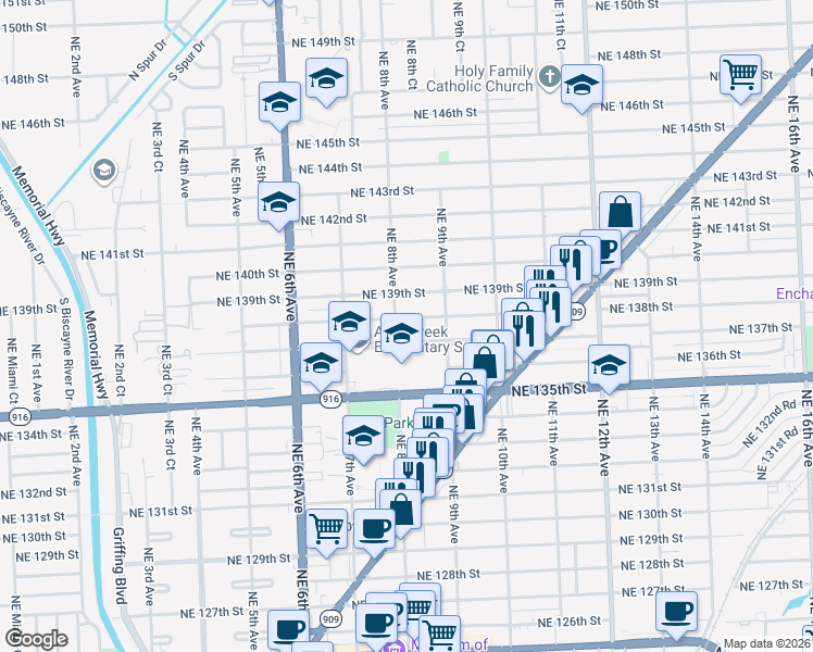 map of restaurants, bars, coffee shops, grocery stores, and more near 820 Northeast 138th Street in North Miami