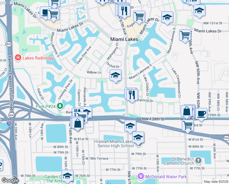 map of restaurants, bars, coffee shops, grocery stores, and more near 6760 White Oak Drive in Miami Lakes