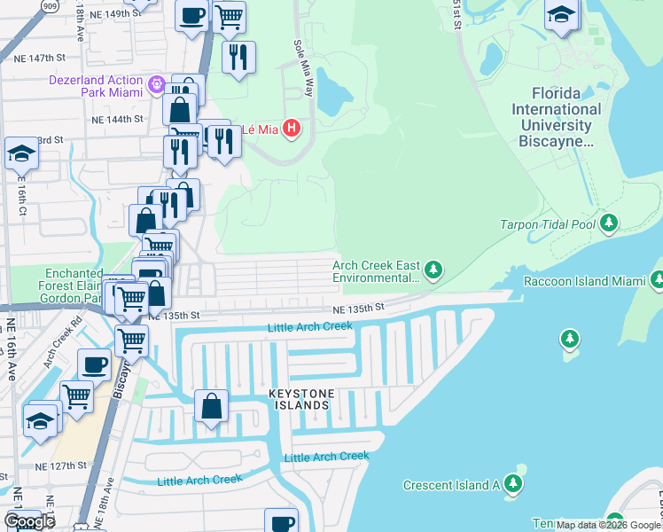 map of restaurants, bars, coffee shops, grocery stores, and more near 2499 Northeast 136th Terrace in North Miami Beach