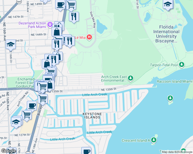 map of restaurants, bars, coffee shops, grocery stores, and more near 2414 Northeast 136th Lane in North Miami Beach
