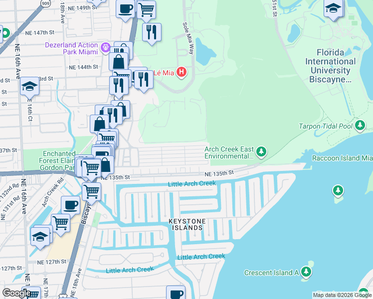 map of restaurants, bars, coffee shops, grocery stores, and more near 2414 Northeast 136th Lane in North Miami Beach