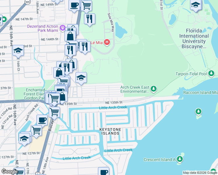map of restaurants, bars, coffee shops, grocery stores, and more near 2414 Northeast 136th Lane in North Miami Beach