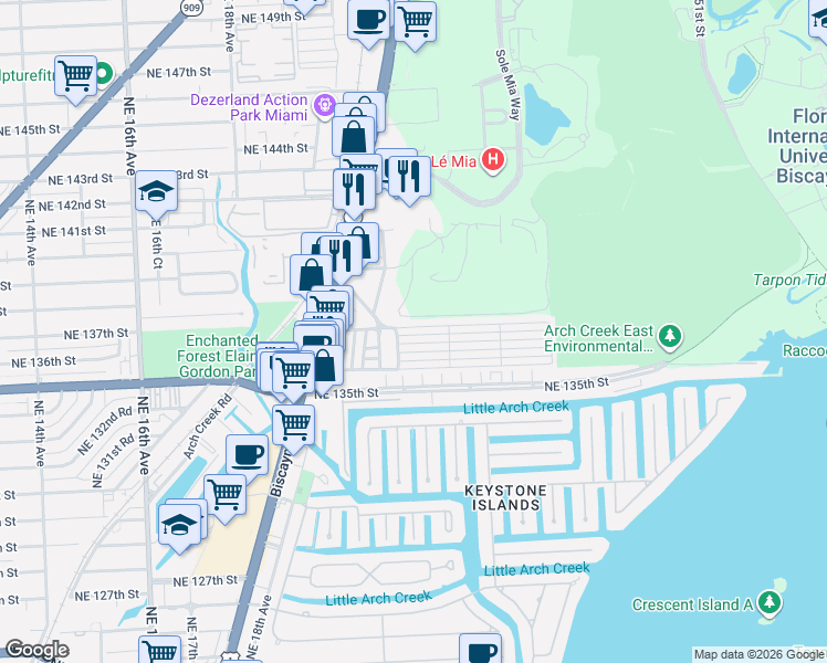 map of restaurants, bars, coffee shops, grocery stores, and more near 2270 Northeast 136th Lane in North Miami Beach