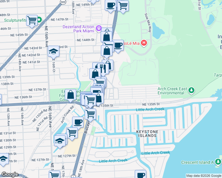 map of restaurants, bars, coffee shops, grocery stores, and more near 13695 Lake Drive in North Miami Beach