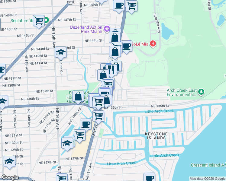 map of restaurants, bars, coffee shops, grocery stores, and more near 13695 Lake Drive in North Miami Beach