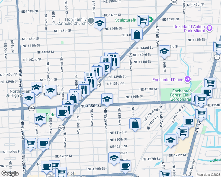 map of restaurants, bars, coffee shops, grocery stores, and more near 1280 Northeast 137th Terrace in North Miami