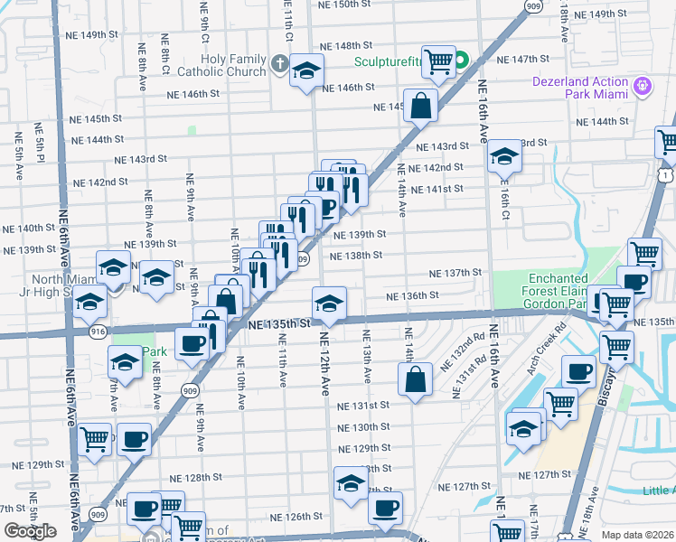 map of restaurants, bars, coffee shops, grocery stores, and more near 1280 Northeast 137th Terrace in North Miami