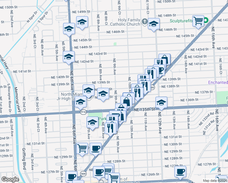 map of restaurants, bars, coffee shops, grocery stores, and more near 890 Northeast 138th Street in North Miami