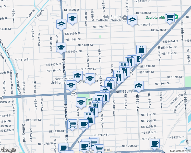 map of restaurants, bars, coffee shops, grocery stores, and more near 820 Northeast 138th Street in North Miami