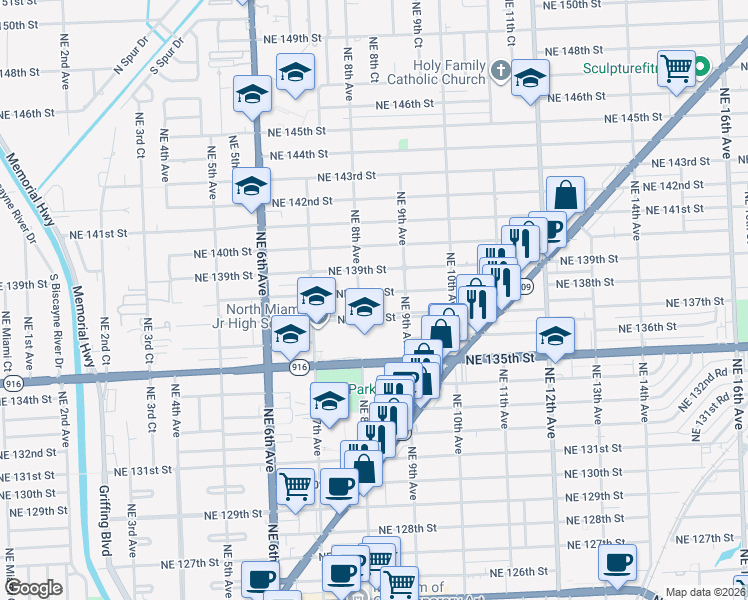map of restaurants, bars, coffee shops, grocery stores, and more near 820 Northeast 138th Street in North Miami