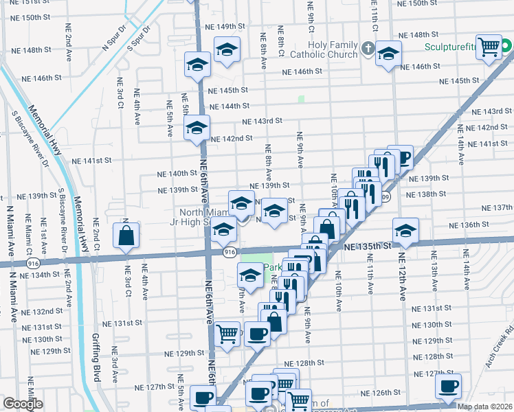 map of restaurants, bars, coffee shops, grocery stores, and more near 730 Northeast 138th Street in North Miami
