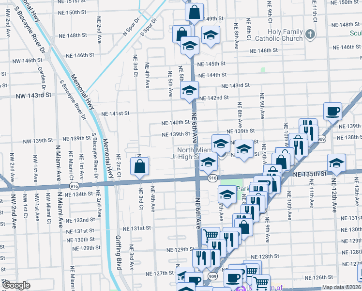 map of restaurants, bars, coffee shops, grocery stores, and more near 512 Northeast 138th Street in North Miami