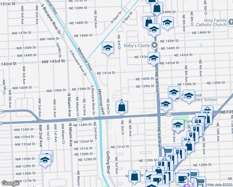 map of restaurants, bars, coffee shops, grocery stores, and more near 13770 Northeast 3rd Court in North Miami