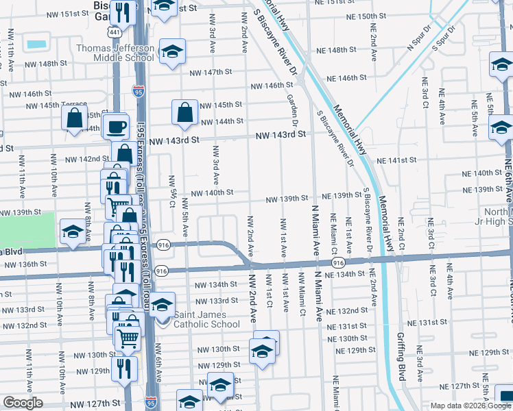 map of restaurants, bars, coffee shops, grocery stores, and more near 13880 Northwest 2nd Avenue in North Miami