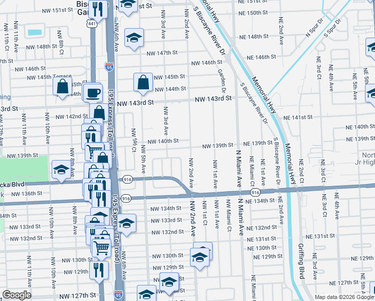 map of restaurants, bars, coffee shops, grocery stores, and more near 13880 Northwest 2nd Avenue in North Miami