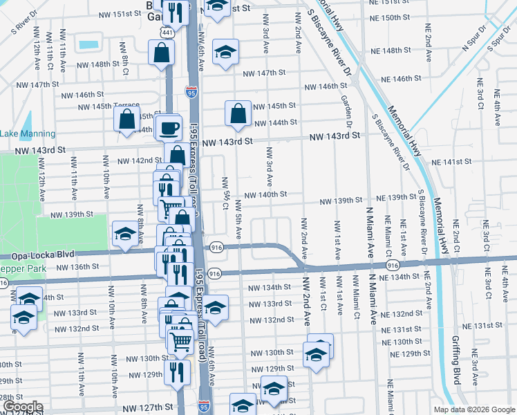 map of restaurants, bars, coffee shops, grocery stores, and more near 450 Northwest 139th Street in North Miami