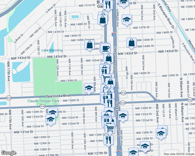 map of restaurants, bars, coffee shops, grocery stores, and more near 745 Northwest 139th Street in Miami
