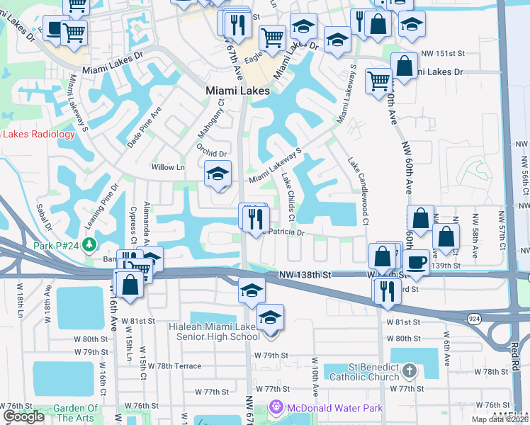 map of restaurants, bars, coffee shops, grocery stores, and more near 6650 Lake Blue Drive in Miami Lakes
