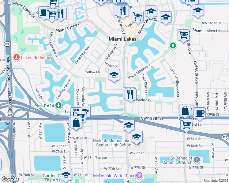 map of restaurants, bars, coffee shops, grocery stores, and more near 6760 White Oak Drive in Miami Lakes