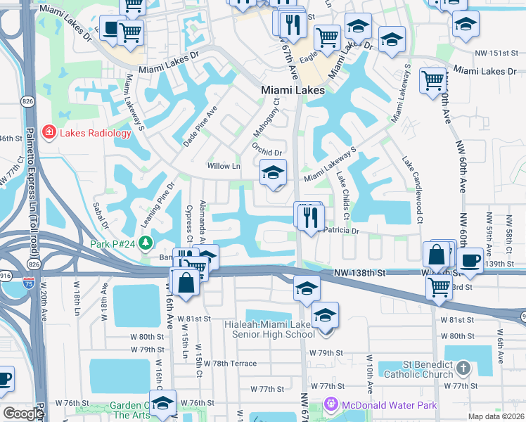 map of restaurants, bars, coffee shops, grocery stores, and more near 6760 White Oak Drive in Miami Lakes