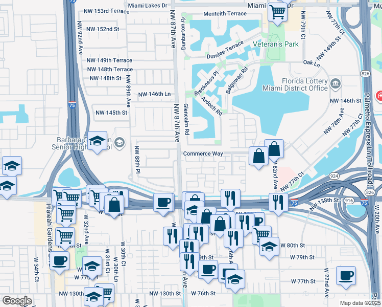 map of restaurants, bars, coffee shops, grocery stores, and more near 8646 Glencairn Terrace in Hialeah