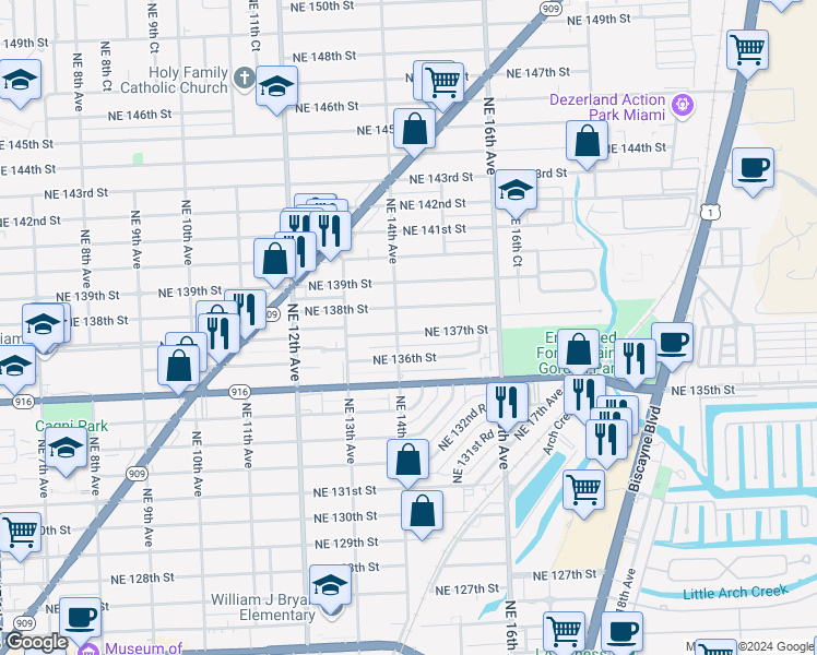 map of restaurants, bars, coffee shops, grocery stores, and more near 1415 Northeast 137th Street in North Miami