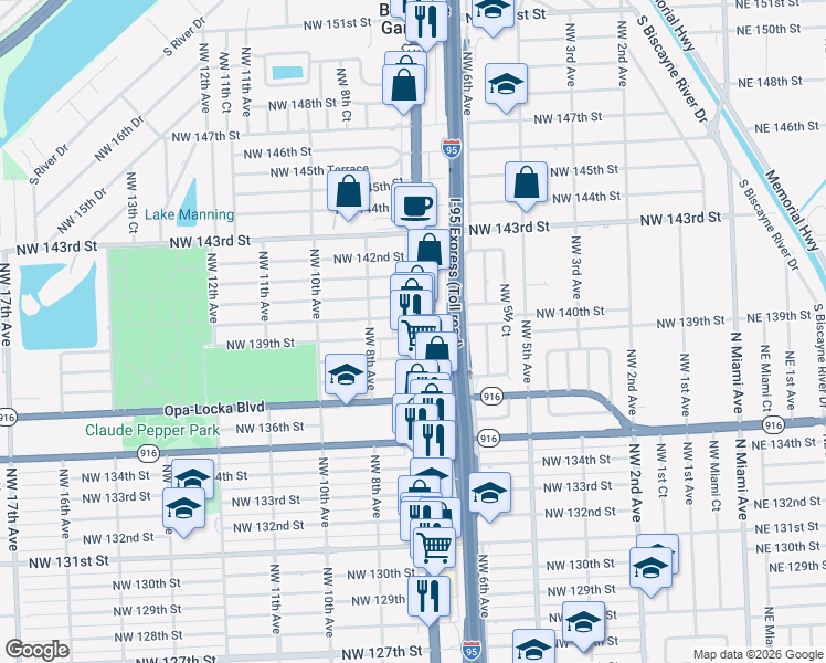 map of restaurants, bars, coffee shops, grocery stores, and more near 745 Northwest 139th Street in Miami