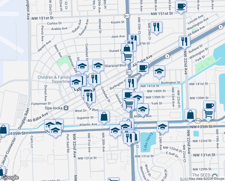 map of restaurants, bars, coffee shops, grocery stores, and more near 1110 Burlington Street in Opa-locka