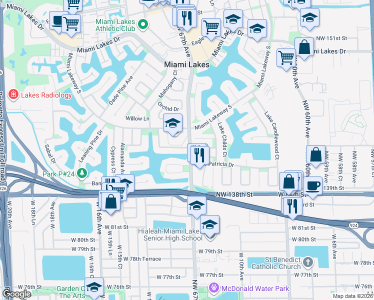 map of restaurants, bars, coffee shops, grocery stores, and more near 6700 White Oak Drive in Miami Lakes
