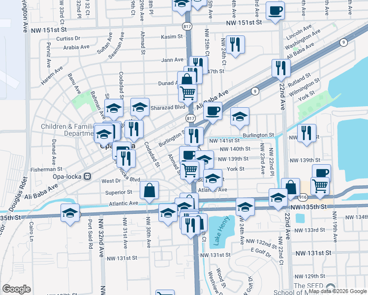 map of restaurants, bars, coffee shops, grocery stores, and more near 14060 Northwest 27th Avenue in Opa-locka