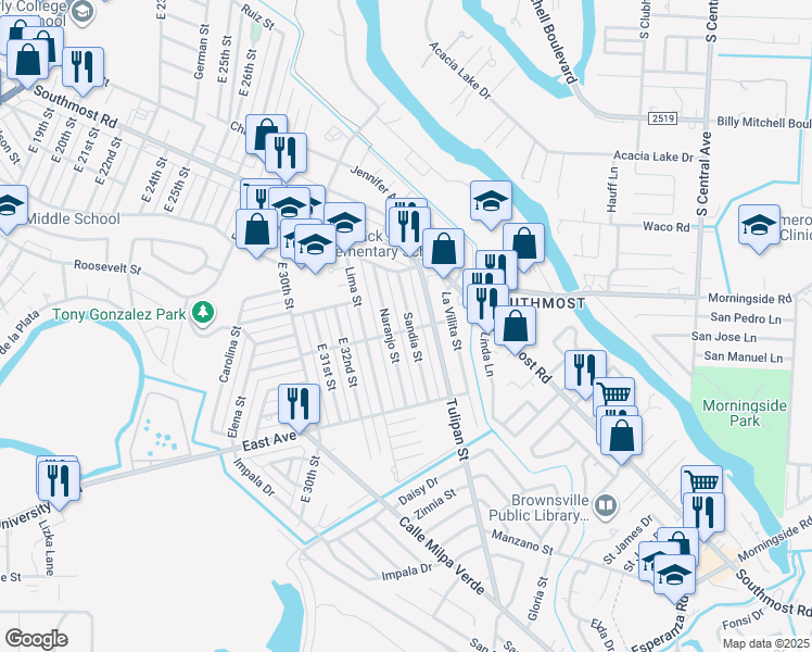 map of restaurants, bars, coffee shops, grocery stores, and more near 2905 Sandia Street in Brownsville