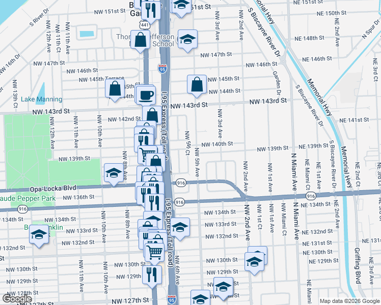 map of restaurants, bars, coffee shops, grocery stores, and more near 13895 Northwest 5th Court in North Miami