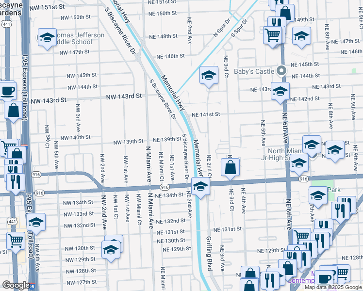 map of restaurants, bars, coffee shops, grocery stores, and more near 13830 South Biscayne River Drive in Miami