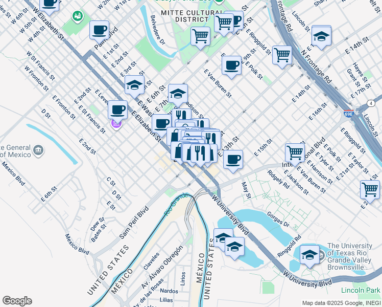 map of restaurants, bars, coffee shops, grocery stores, and more near in Brownsville