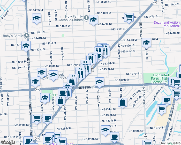 map of restaurants, bars, coffee shops, grocery stores, and more near in North Miami