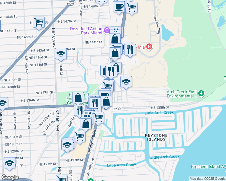 map of restaurants, bars, coffee shops, grocery stores, and more near 13695 Lake Drive in North Miami Beach
