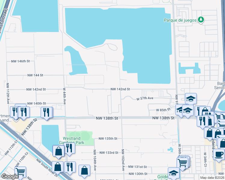 map of restaurants, bars, coffee shops, grocery stores, and more near 10300 Northwest 142nd Street in Hialeah