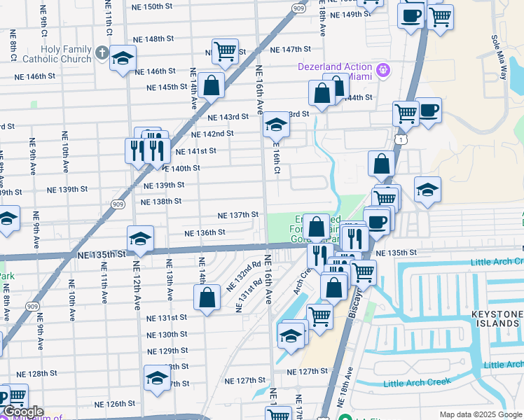 map of restaurants, bars, coffee shops, grocery stores, and more near 1595 Northeast 137th Street in North Miami